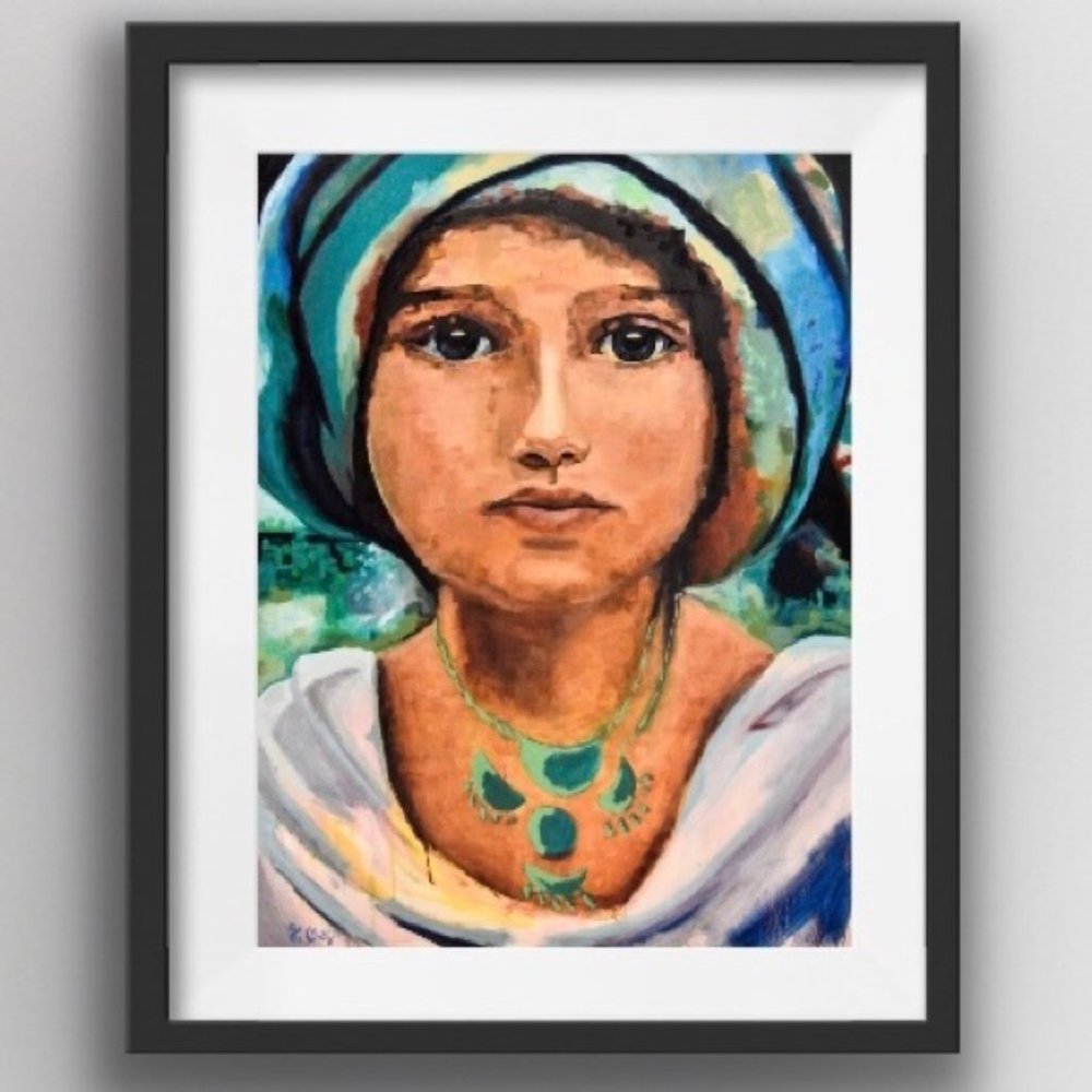 Original Art print 9x12 inch Portrait Teal Blue